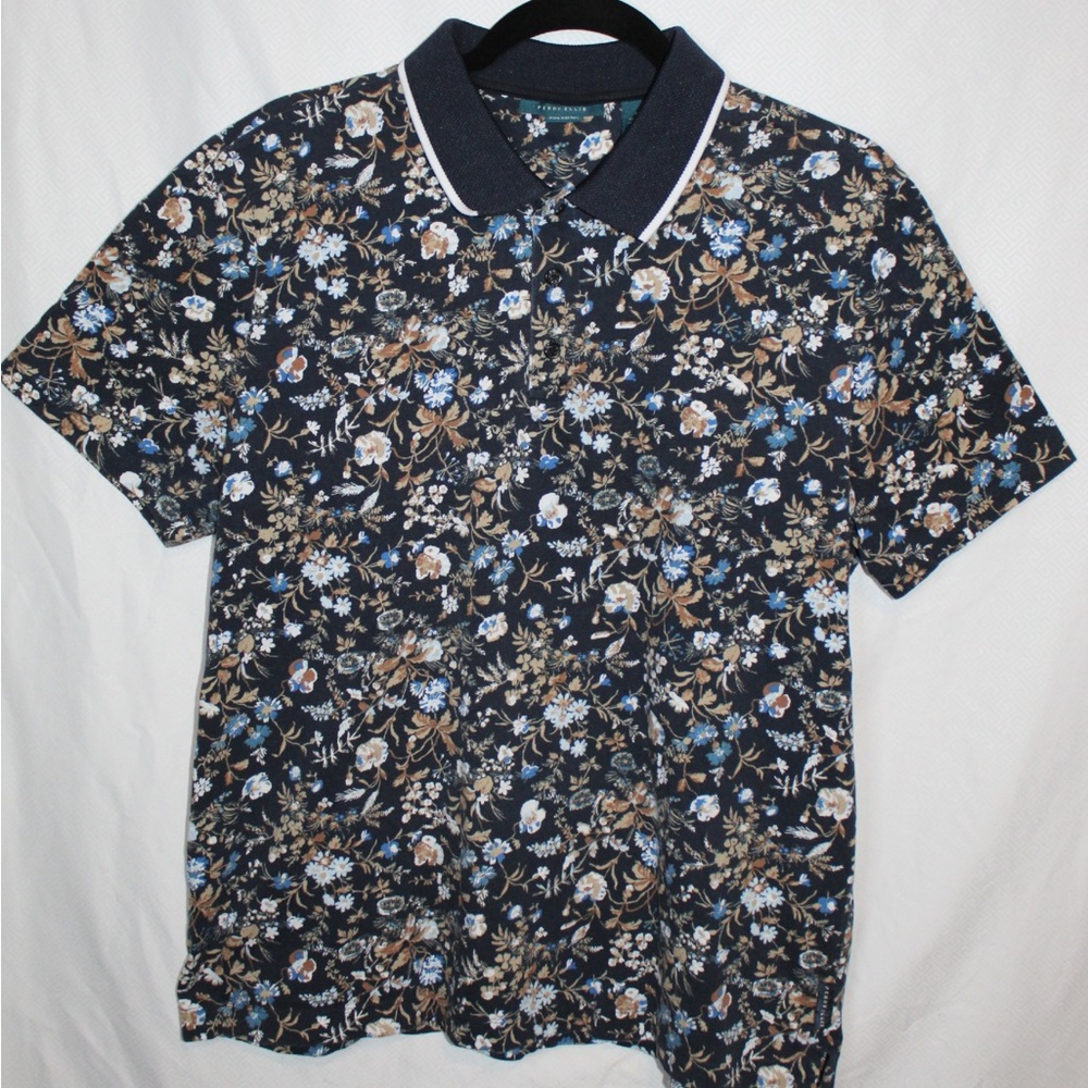 Perry Ellis Blue Polo Shirt with Floral Design